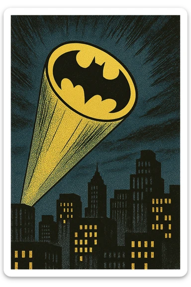 bat signal, comic book style, bold lines, city skyline sticker