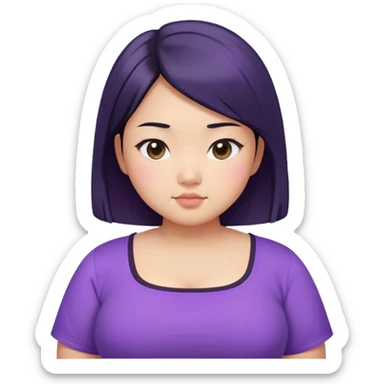 a girl that is asian, chubby, has black waist length hair, and cool tone skin with purple square neck shirt.   sticker
