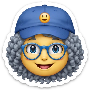 yellow female smiley face emoji, big smile, winking, wearing a backwards blue ball cap, grey curly hair, cat eye glasses, no eye colo sticker