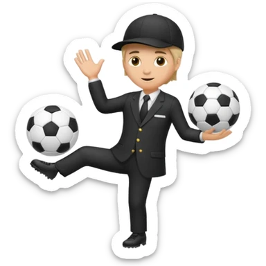 Director tecnico de futbol, con un traje negro, gorra y un balon de futbol bajo el brazo sticker