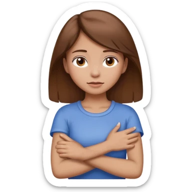 Girl with brown hair race white crossing her arms holding her neck sticker