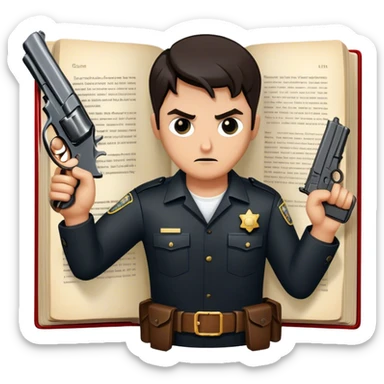 Icon for Action & Crime Reading: an open book with dramatic action scenes, surrounded by a gun, handcuffs, a badge, and a shadowy figure. The icon should evoke suspense, danger, and intrigue of crime and action stories. Transparent background. sticker