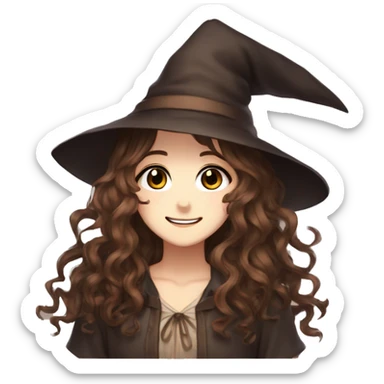 anime girl long brown wavy hair, brown eyes, witchy style, happy sticker