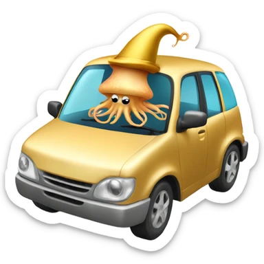 A squid wearing a gold hat while driving car sticker