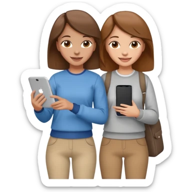two brown haired girls, looking professional maybe leaned on each others back and looking forward and using phones, with longer hair and with some cute clothes without ties, one girl can hold lap top another one can hold the phone sticker