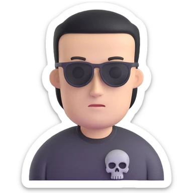 man with oval-shaped flat-top head wearing a black shirt with a gray skull on the front sticker