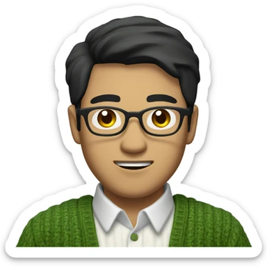 Asian guy with black hair that is parted 50/50 dressed in white button up shirt with green sweater holding a glass of wine sticker