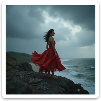 photorealistic image of a woman in a vibrant red dress standing boldly on a rocky cliff edge under a stormy sky, dress flowing dramatically in the wind, high contrast lighting, epic cinematic mood sticker