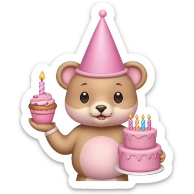 cute animal hold a pink birthday cake in both arms with pink birthday hat sticker