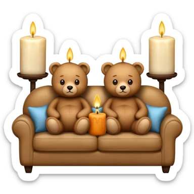 Two cozy teddy bears watching tv on couch with candles next to them sticker