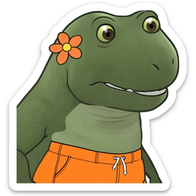 T-rex with orange flowery swim trunks riding a surfboard  sticker