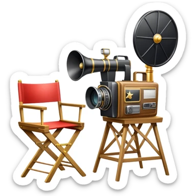 Icon for Directing: a director's chair, a large film camera, a megaphone, a stage set with lights and an Oscar statuette. The icon should represent the creative and leadership aspects of directing, with focus on film and theater production. Transparent background. sticker