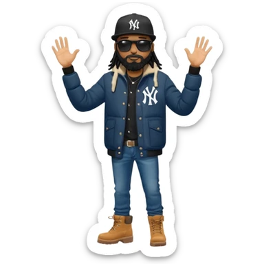 African American man with shoulder length black dreadlocks with black beard wearing black sunglasses wearing a New York Yankees logo baseball cap wearing a black bubble winter coat wearing denim skinny jeans and Timberland boots hand giving a high five sticker