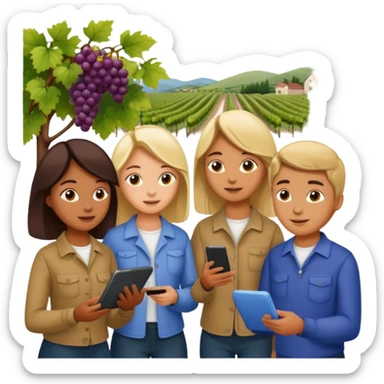 Make a photo of 5 project managers, specificly 3 girls and 2 boys, that are making project for improvment of the vineyard sticker