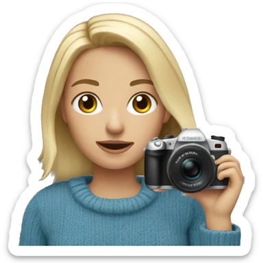 Short blonde in blue sweater holding camera sticker