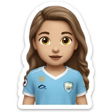 2 year old girl with long brown hair and eyes wearing Manchester City football shirt sticker