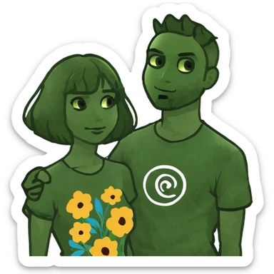 A blonde girl with fair skin and green eyes and light pink lips a guy with black hair and fair skin and green eyes are kissing sticker