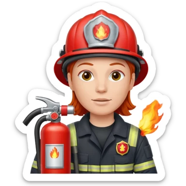 red haired Firefighter with respiratory protection with fire extinguisher sticker