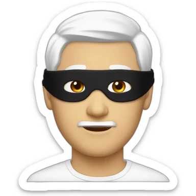 white guy with white hair and a black blindfold sticker