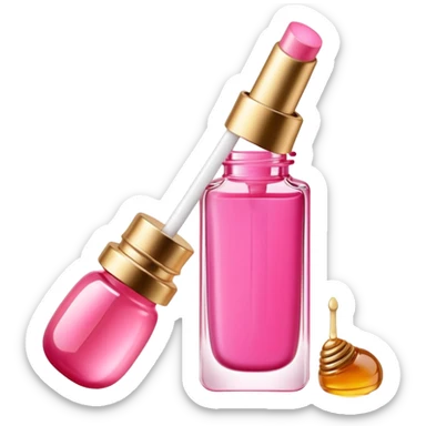 Gisou lip oil in pink color, small transparent bottle with gold cap, pink-tinted lip gloss, honey-infused beauty product sticker