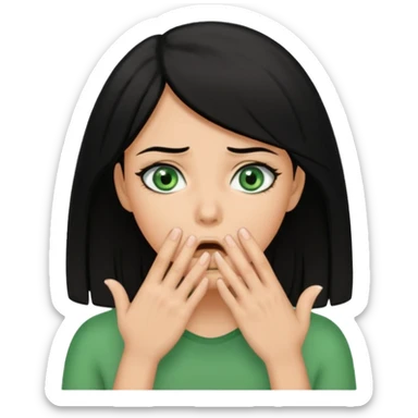 A realistic half-length portrait of a frightened woman with hands to her mouth, black hair and green eyes sticker