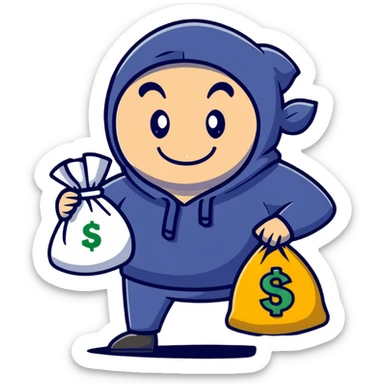 happy thief with a money bag and a big grin sticker