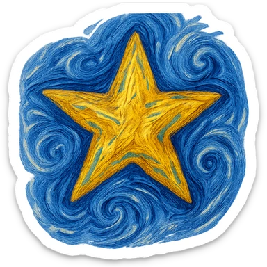 a star inspired by van Gogh's painting style, with thick impasto texture and blue-yellow palette, swirling brushstrokes, expressive lines, post-impressionist style sticker