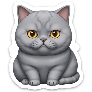 A chubby, gray British Shorthair cat with a serious, uninterested expression, sitting still, cartoon style, transparent background sticker