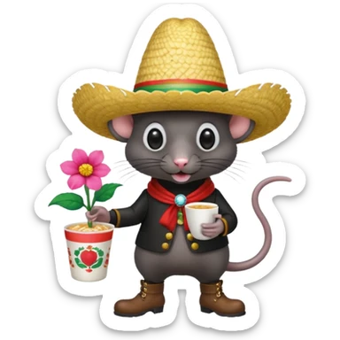 Rat eating a cup noodle in one hand and a flower in the other with boots on for rain and that has one eye that looks like a disco ball as well with a Mexican hat one with a big nose and the rat has to be black  sticker