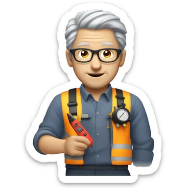 this man grey hair with less hair and glasses and dressed like an electrician with multimeter sticker