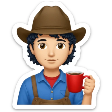 Ranch hand with blue hat and coffee mug, curly black hair, red shirrt sticker