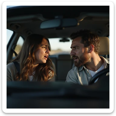 Two people arguing inside a car, heated gestures, angry faces, car interior environment, hyperrealistic details, 4K resolution sticker