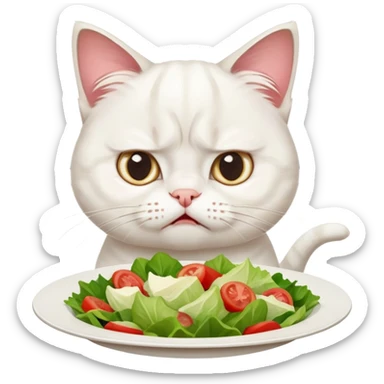 grumpy white cat sitting at a table, looking confused with its ears slightly back. In front of the cat is a plate with a salad with mouth a little open, and Disagree in the cat's face sticker