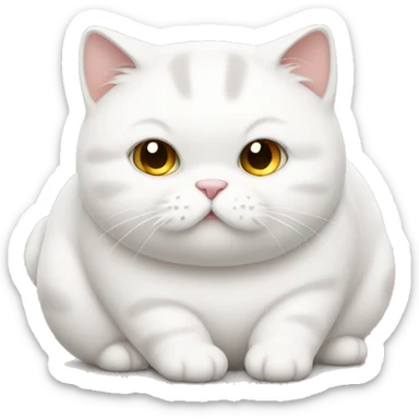 chubby white cat with a belly sticker