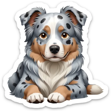 Merle Australian Shepherd dog laying down, blue merle coat with white and black spots, relaxed pose sticker