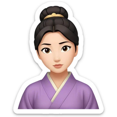 Cinematic Serene Mulan Portrait Emoji, rendered in a simplified vector style. Depict a gentle Mulan (chest and above) with warm, radiant skin, sleek dark hair pulled back in a neat bun, and a calm, thoughtful expression, wearing a simple traditional robe in muted hues. The design glows softly with an elegant, inviting light. sticker