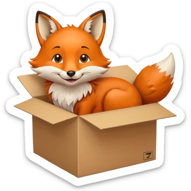 happy fox curled up in a box, glancing upward, emoji style sticker