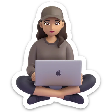 A professional 3D avatar of a young woman with olive skin and long, dark brown hair, wearing a dark, long-sleeved dark taupe shirt and a black baseball cap. She's sitting at a sleek wooden desk, typing on a silver MacBook. sticker