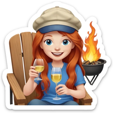 Laughing redhead with long hair and blue eyes wearing cap holding white wine sitting in chair beside fire pit sticker
