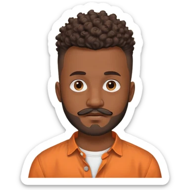 
"Brown adult man (around 24), curly mohawk with shaved sides, beard and mustache. Wearing an orange collarless round-neck button-up shirt. No teenage or old features."

 sticker