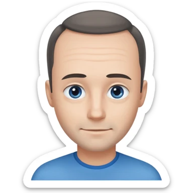Man with black-greyish receding hairline, some hair on top, small blue eyes, clear face, shy smile sticker