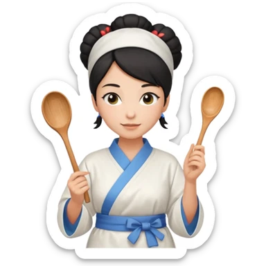mom with black bun wearing white home kimono and white apron sticker