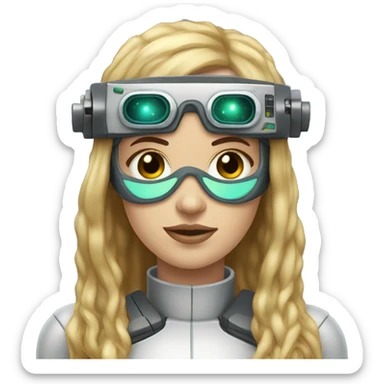 female cyborg head, fair skin, Brown long hair with blonde steaks, space age goggles and circuits sticker