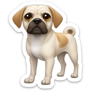 White Puggle with brown ears pulling on leash sticker