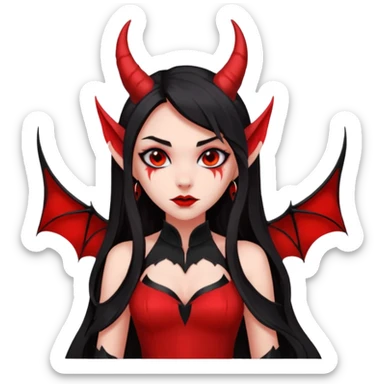 demon girl, skin red , black long hair, small horns, pointed ears, bat wing, black open-back dress, bold black outlines, red+black palette sticker