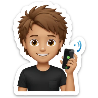 generate a pretty tan bratz boy with brown messy hair smiling while talking on call. Wearing a black tshirt sticker
