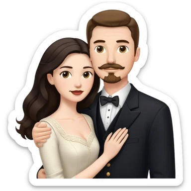 married couple portrait, tall white man with brown hair goatee mustache embracing a pale woman with long black hair, wearing formal clothing sticker