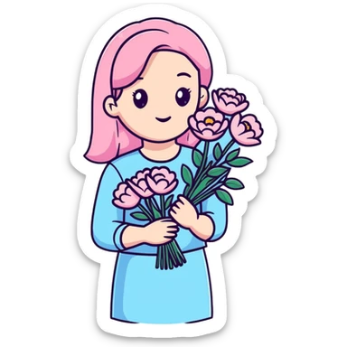 girl wearing pastel blue clothes holding a bouquet of pink flowers sticker