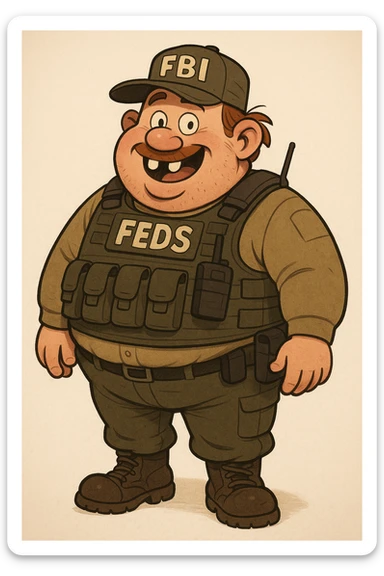 A chubby federal agent in tactical gear, tight vest, with exaggerated buck teeth and a goofy, rural hillbilly vibe, cartoonish style sticker