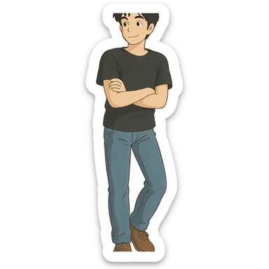 full-body man in casual pose, black hair, wearing jeans and a black t-shirt, ghibli style sticker